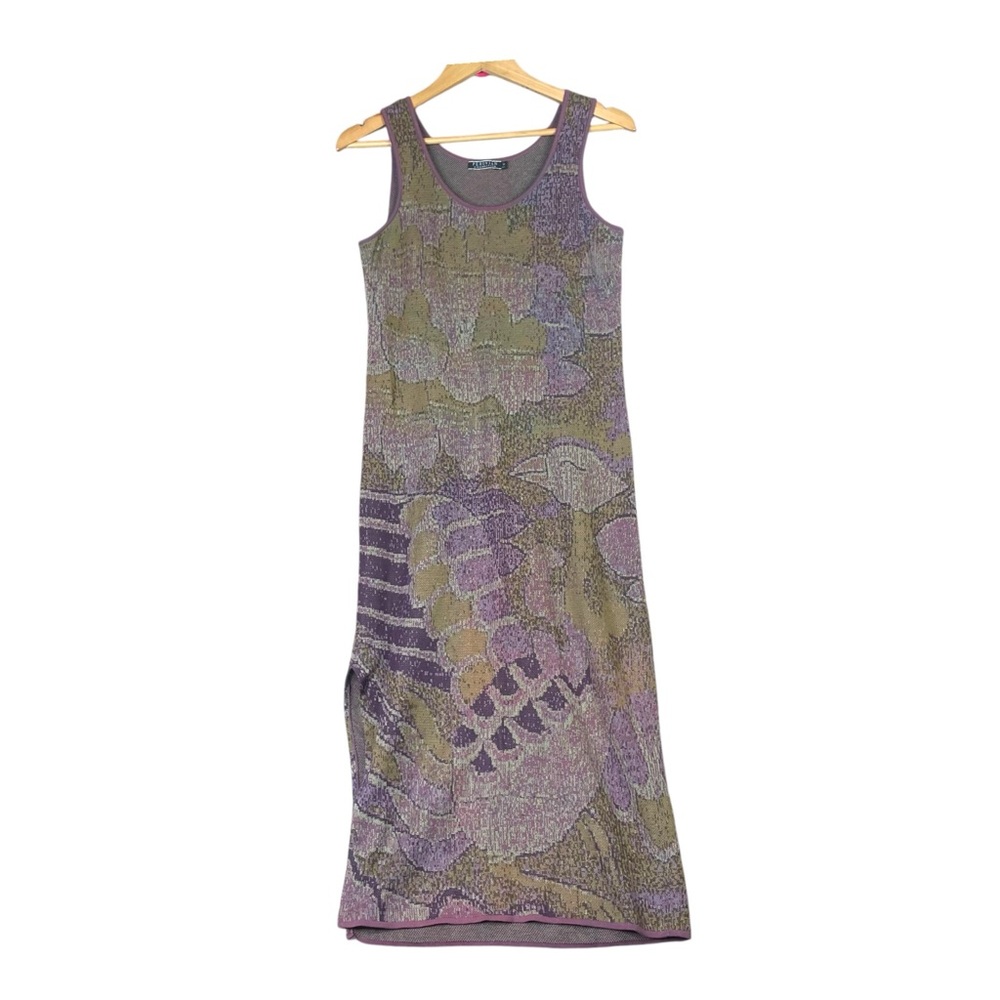 Peruvian Connection Dress Women Sz M Maxi Knit Purple Green Side Slit PimaCotton